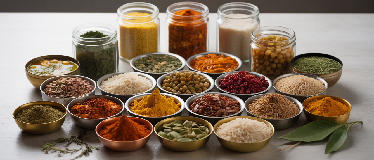 Essential Indian pantry staples including spices, lentils, and rice