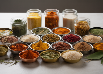 Essential Indian pantry staples including spices, lentils, and rice