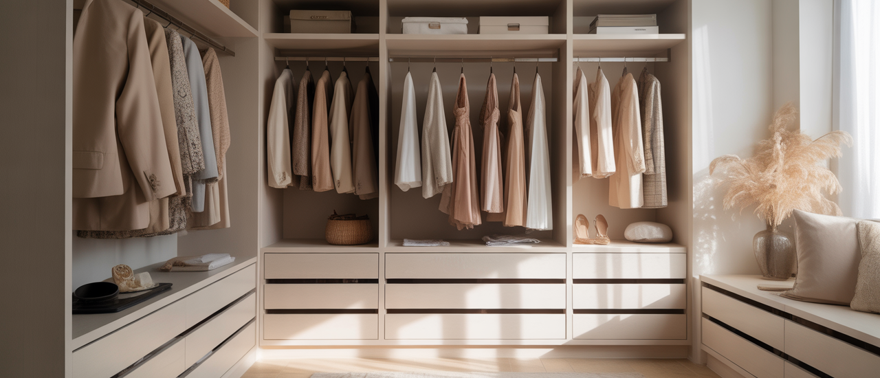 Luxurious walk in wardrobe interior with organized clothing and accessories