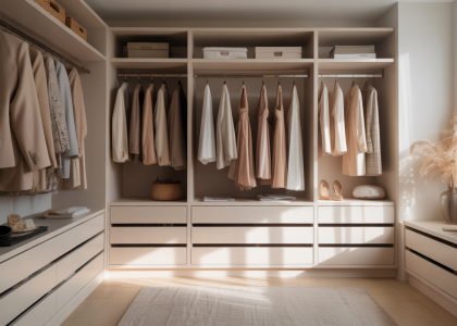 Luxurious walk in wardrobe interior with organized clothing and accessories