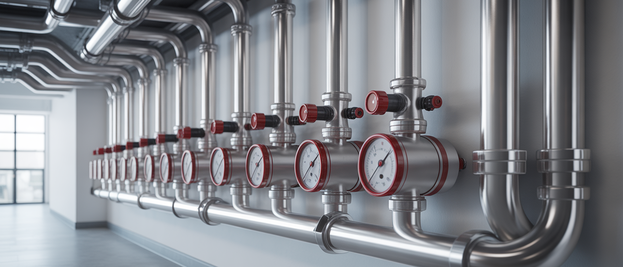 Modern fire suppression system protecting a commercial building, ready for deployment, emphasizing safety and compliance.