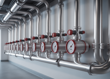 Modern fire suppression system protecting a commercial building, ready for deployment, emphasizing safety and compliance.