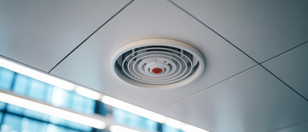 Close-up of a modern fire suppression sprinkler head in a commercial building ceiling, symbolizing safety and protection.