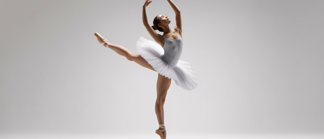 Professional photo of a ballet dancer demonstrating a graceful arabesque, representing dance education and teacher training at the National Ballet School.