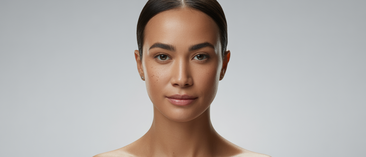 Close-up of a woman's serene and balanced face, representing facial harmony and natural beauty achieved through aesthetic treatments.