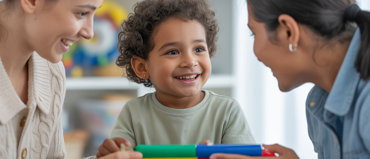 Child with autism happily engaging with a therapist during an ABA therapy session, symbolizing growth and a brighter future