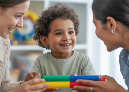 Child with autism happily engaging with a therapist during an ABA therapy session, symbolizing growth and a brighter future