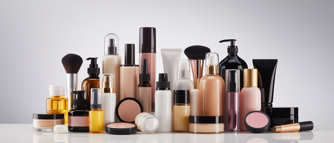 A wide-angle, professional photograph showcasing a diverse collection of elegant, unbranded cosmetic products arranged on a clean white surface, symbolizing the quality and readiness of a cosmetics wholesale business.