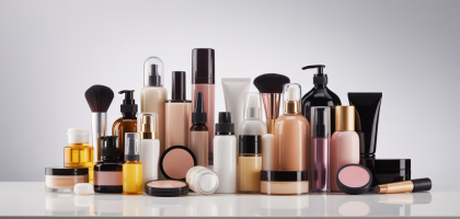 A wide-angle, professional photograph showcasing a diverse collection of elegant, unbranded cosmetic products arranged on a clean white surface, symbolizing the quality and readiness of a cosmetics wholesale business.