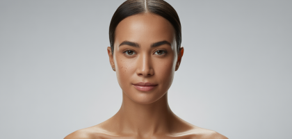 Close-up of a woman's serene and balanced face, representing facial harmony and natural beauty achieved through aesthetic treatments.