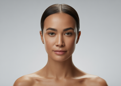 Close-up of a woman's serene and balanced face, representing facial harmony and natural beauty achieved through aesthetic treatments.