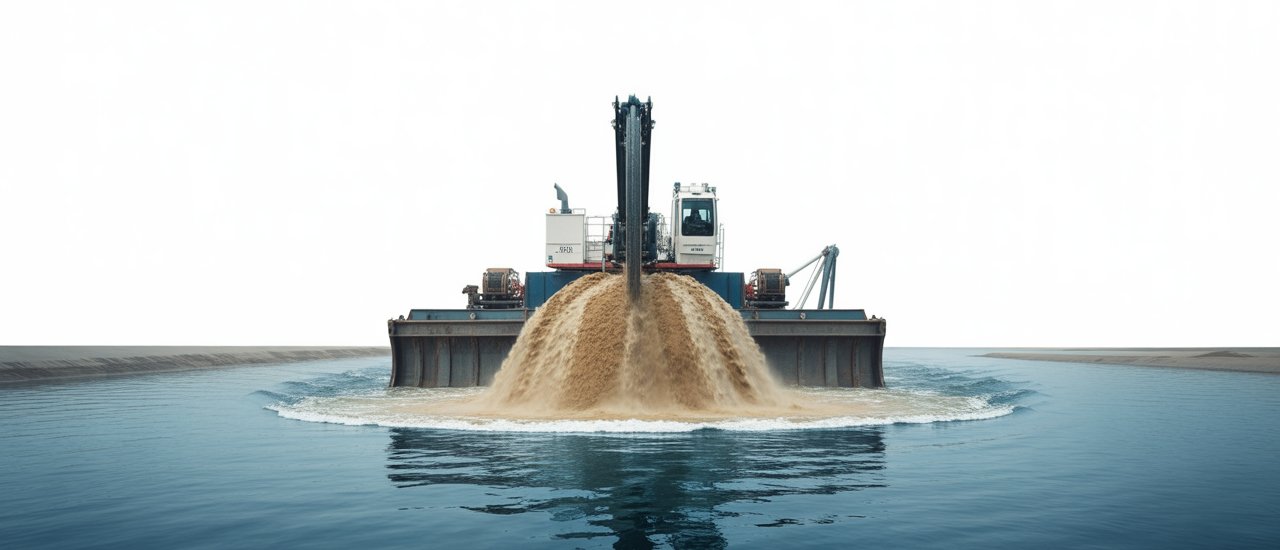 Large industrial sand dredge operating in a waterway, discharging sand and water, illustrating modern dredging technology