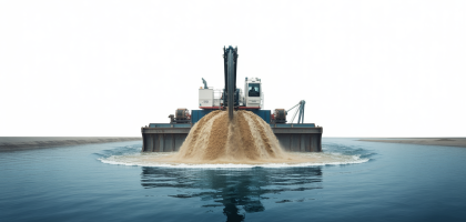 Large industrial sand dredge operating in a waterway, discharging sand and water, illustrating modern dredging technology