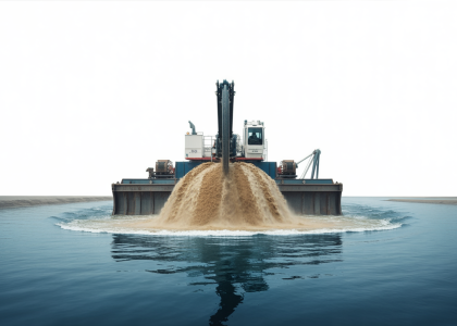 Large industrial sand dredge operating in a waterway, discharging sand and water, illustrating modern dredging technology