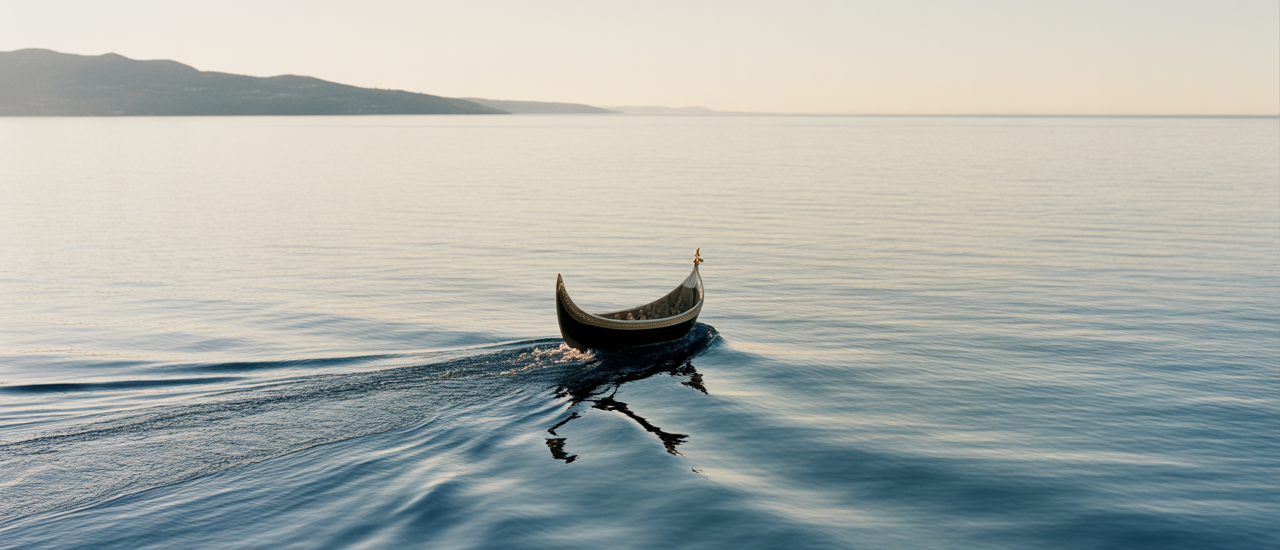 Serene ocean view at sunrise with a ceremonial boat, symbolizing a peaceful full body burial at sea in Southern California.