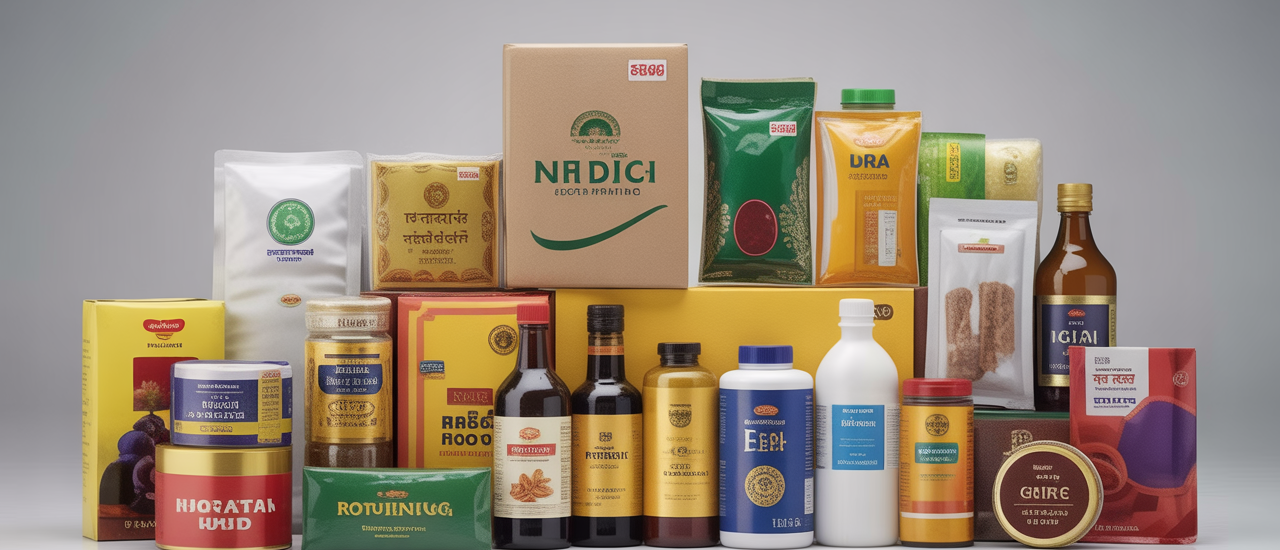 Photorealistic image of various Indian packaged goods like boxes, bottles, and sealed packets arranged neatly on a white background symbolizing LMPC certificate compliance