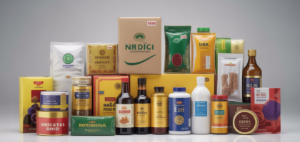 Photorealistic image of various Indian packaged goods like boxes, bottles, and sealed packets arranged neatly on a white background symbolizing LMPC certificate compliance