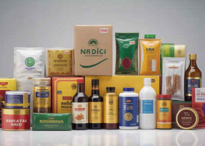Photorealistic image of various Indian packaged goods like boxes, bottles, and sealed packets arranged neatly on a white background symbolizing LMPC certificate compliance