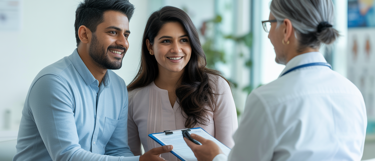 Indian couple consulting with fertility doctor in modern clinic for egg donor program in San Diego