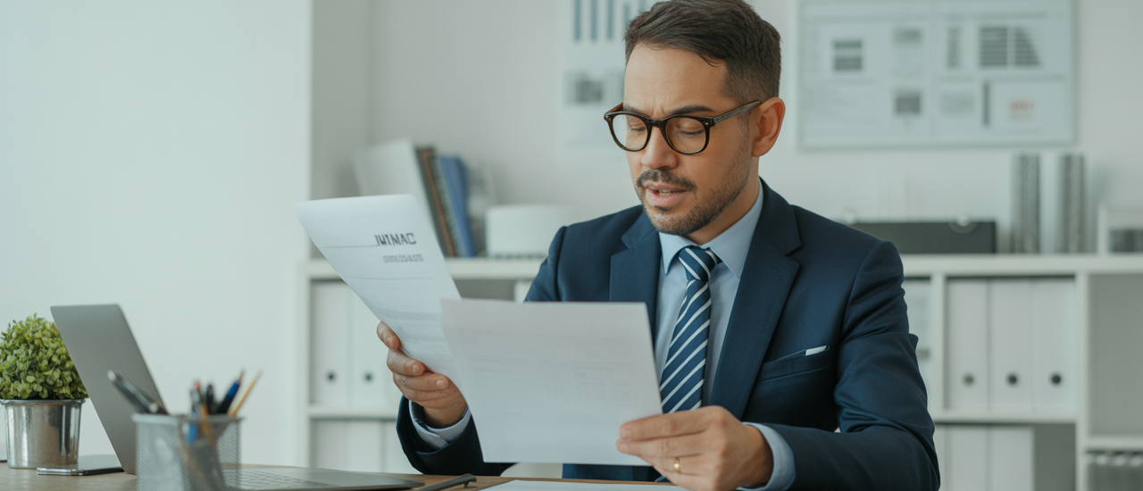 Small business owner reviewing insurance documents in modern office with bright white background