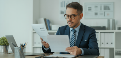 Small business owner reviewing insurance documents in modern office with bright white background