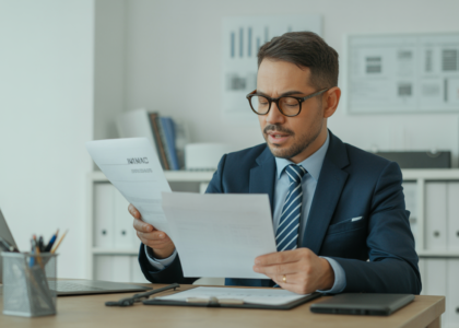 Small business owner reviewing insurance documents in modern office with bright white background