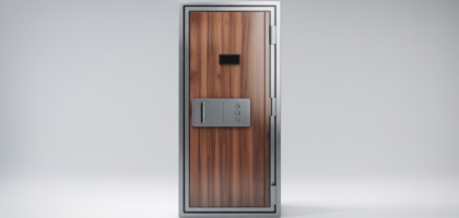 High-security residential safe room door with modern design and wood veneer finish on a clean white background