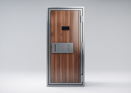 High-security residential safe room door with modern design and wood veneer finish on a clean white background