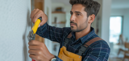 Professional handyman performing home repairs in a modern Atlanta residence with tools, representing handyman services in Atlanta, GA