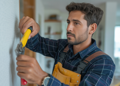 Professional handyman performing home repairs in a modern Atlanta residence with tools, representing handyman services in Atlanta, GA