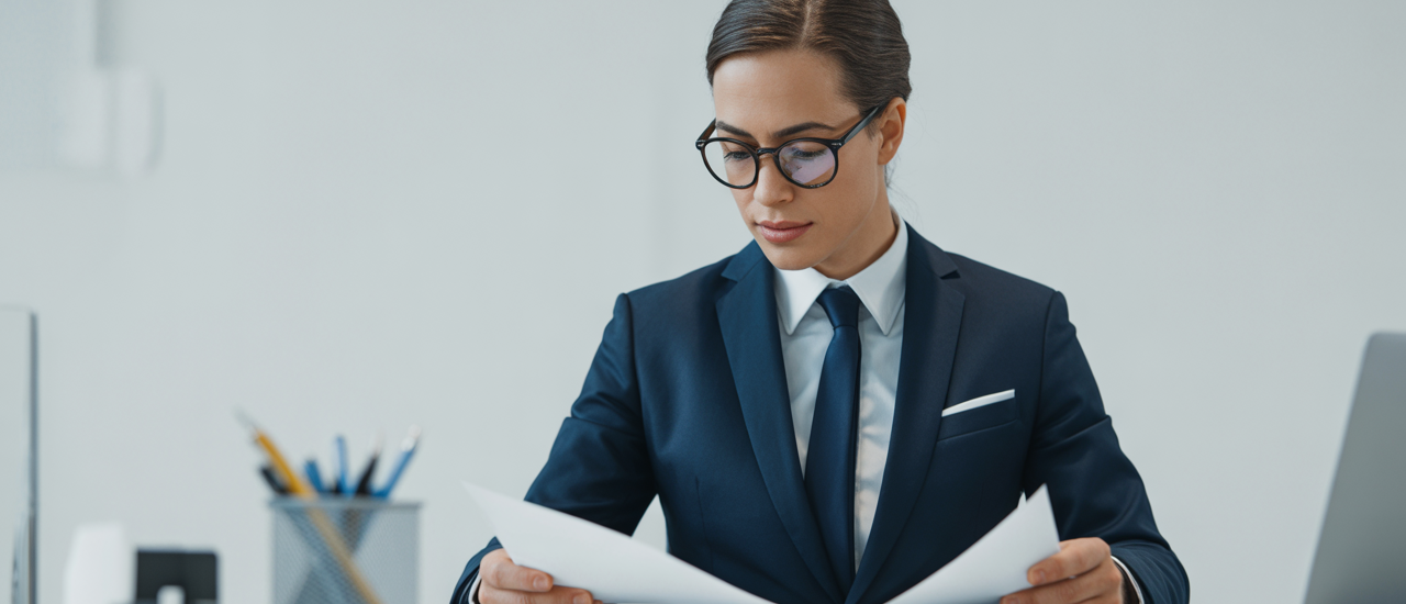 High-quality professional photograph of a business lawyer reviewing SaaS contract documents in a modern office environment with a clean white background