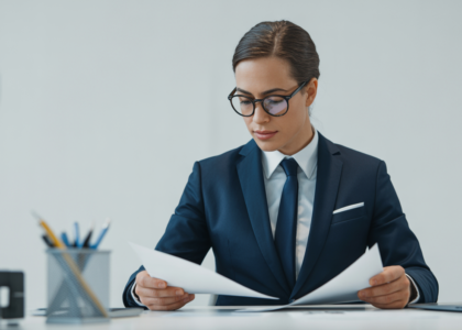 High-quality professional photograph of a business lawyer reviewing SaaS contract documents in a modern office environment with a clean white background