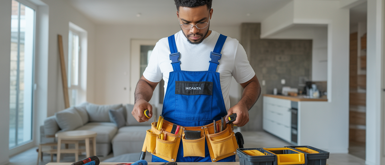 Professional handyman preparing tools for home repairs in a modern Atlanta home interior with clean white background