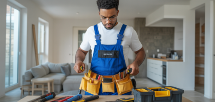 Professional handyman preparing tools for home repairs in a modern Atlanta home interior with clean white background
