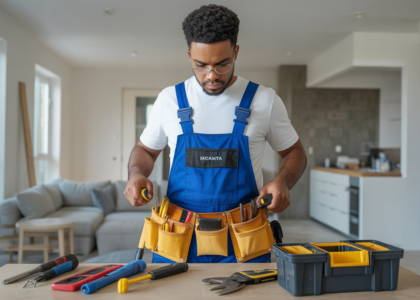 Professional handyman preparing tools for home repairs in a modern Atlanta home interior with clean white background