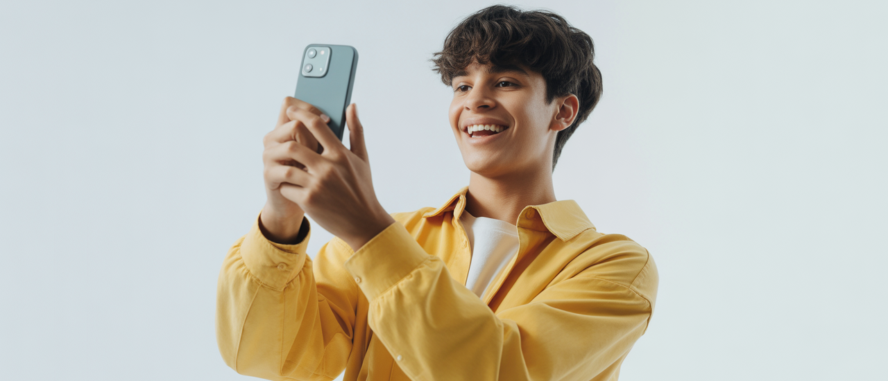 Photorealistic image of a young content creator filming TikTok video with smartphone on white background