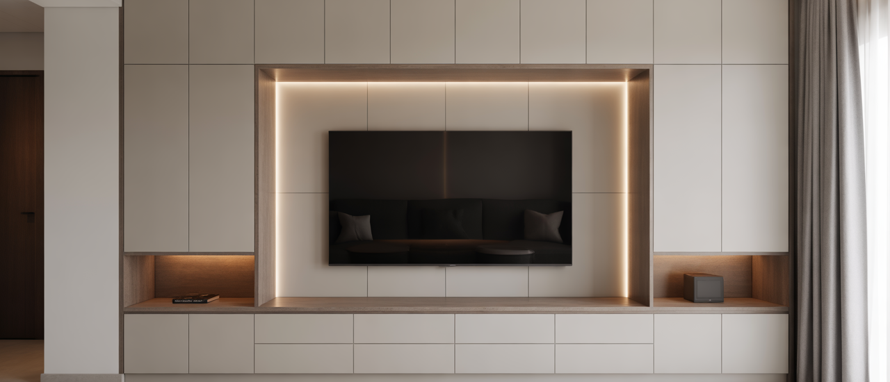 Photorealistic hero image of a modern bespoke media wall featuring built-in TV cabinetry, lighting, and clean design in a bright Indian living room