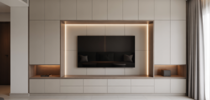 Photorealistic hero image of a modern bespoke media wall featuring built-in TV cabinetry, lighting, and clean design in a bright Indian living room