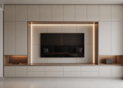 Photorealistic hero image of a modern bespoke media wall featuring built-in TV cabinetry, lighting, and clean design in a bright Indian living room
