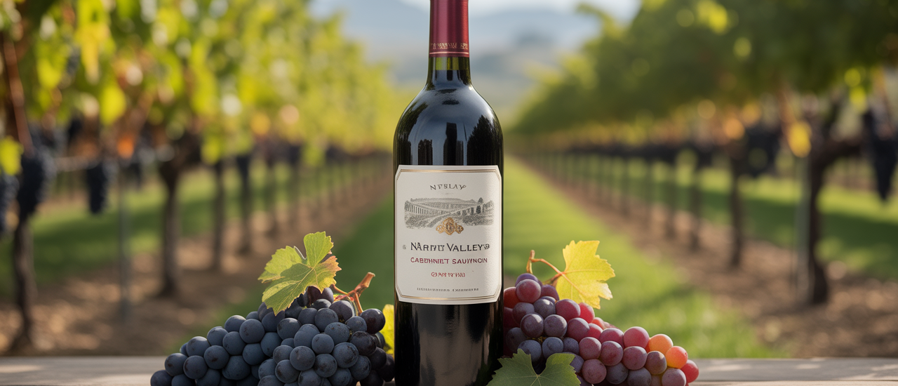 High-quality photo of a Napa Valley Cabernet Sauvignon wine bottle with grapes and vineyard in the background on a neutral background