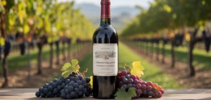 High-quality photo of a Napa Valley Cabernet Sauvignon wine bottle with grapes and vineyard in the background on a neutral background