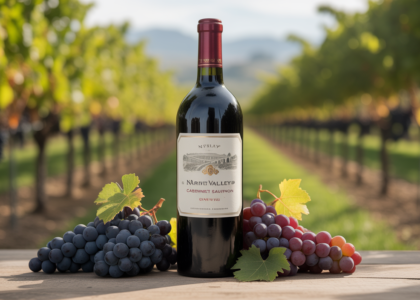 High-quality photo of a Napa Valley Cabernet Sauvignon wine bottle with grapes and vineyard in the background on a neutral background