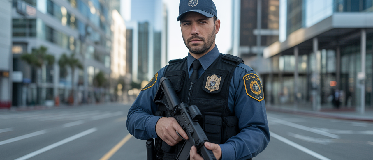 Photorealistic professional image of an armed security guard in uniform depicting security services in Los Angeles with a clean neutral background