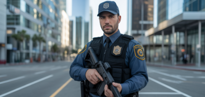 Photorealistic professional image of an armed security guard in uniform depicting security services in Los Angeles with a clean neutral background