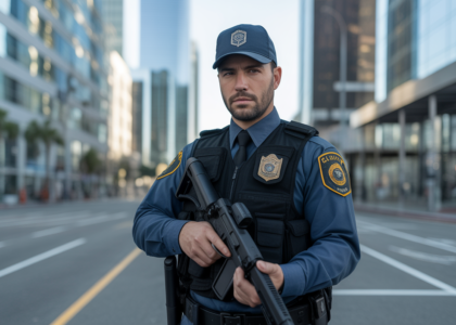 Photorealistic professional image of an armed security guard in uniform depicting security services in Los Angeles with a clean neutral background