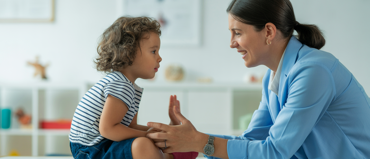 Photorealistic image of a therapist engaging with a young child in a modern therapy setting representing ABA therapy services