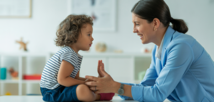 Photorealistic image of a therapist engaging with a young child in a modern therapy setting representing ABA therapy services