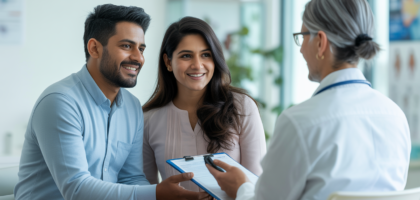 Indian couple consulting with fertility doctor in modern clinic for egg donor program in San Diego