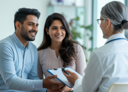 Indian couple consulting with fertility doctor in modern clinic for egg donor program in San Diego