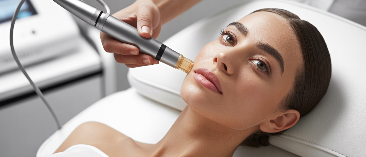 High-quality professional photograph of microneedling treatment using a pen device in a clean MedSpa environment